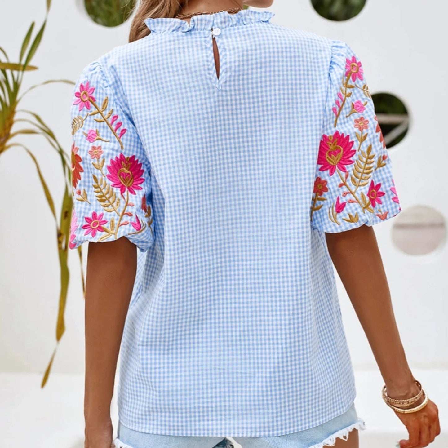 Gingham Embroidered Puff Sleeve Blouse