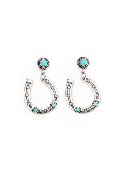 2.5" Burnished Silver and Turquoise Horseshoe Earring
