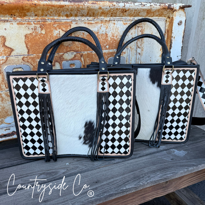 Tinsley Checkered Leather Cowhide Tote, Computer Bag