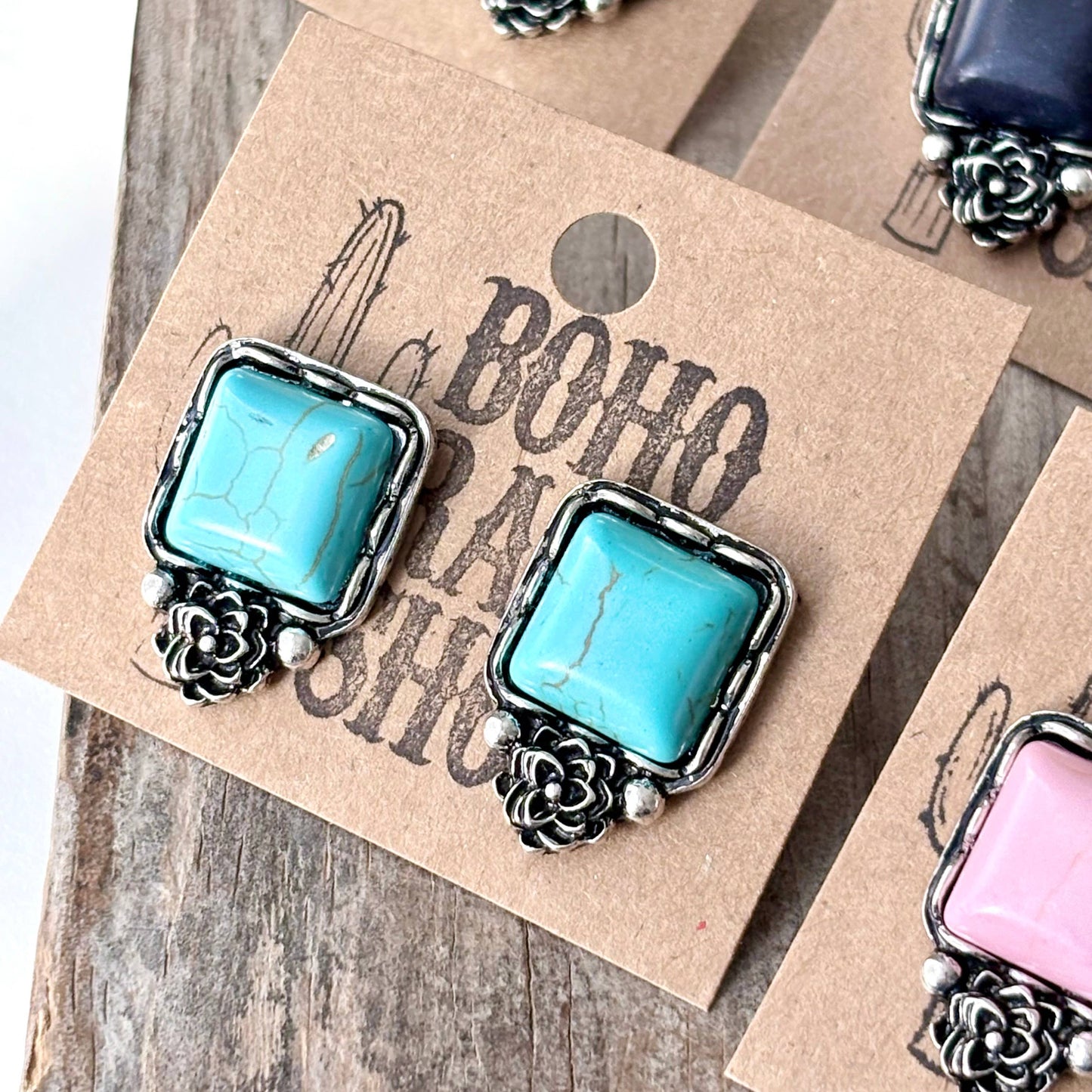 Western Style Square Stone & Flower Stud Earrings