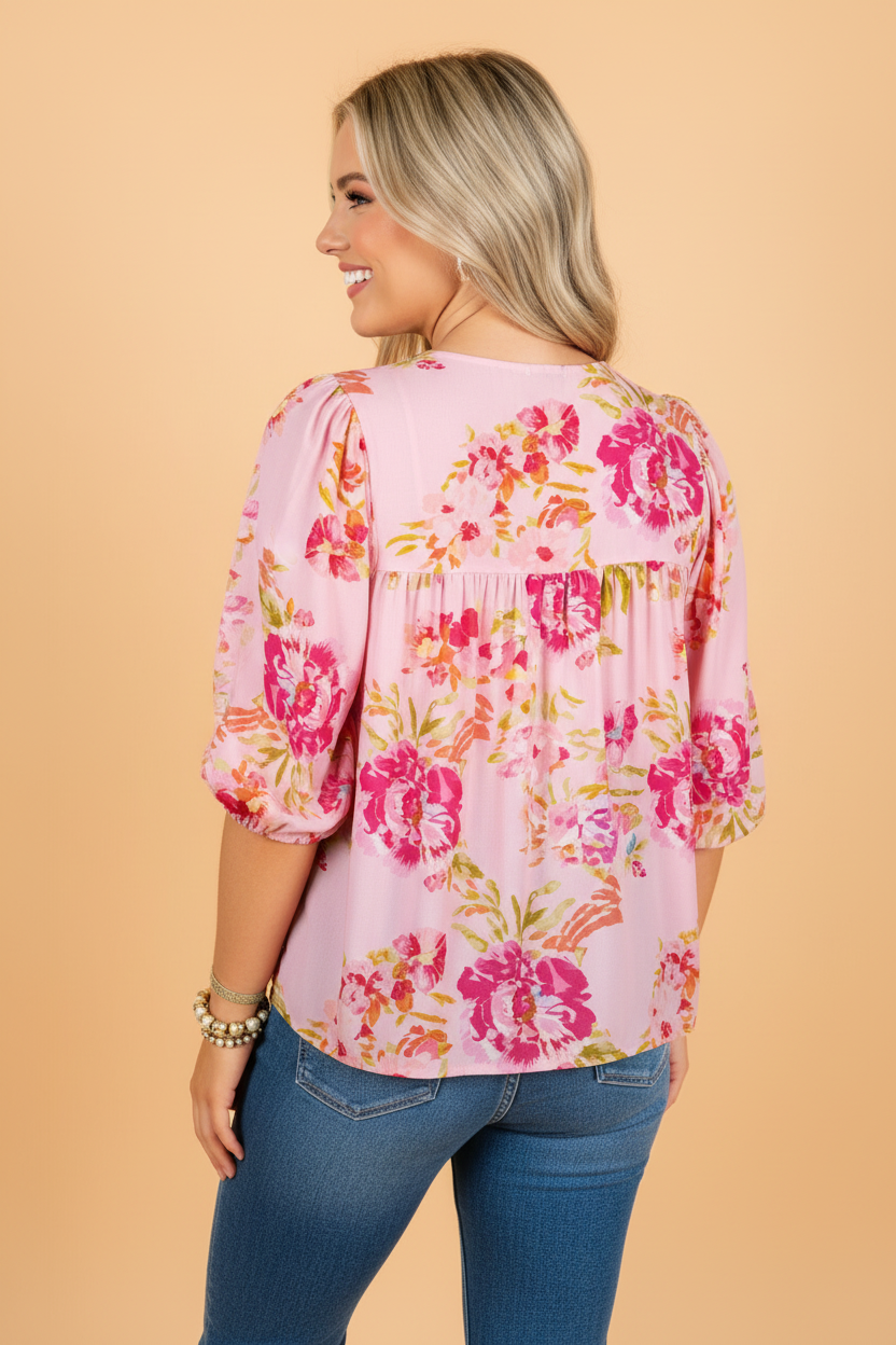 PRETTY BASH Floral Tie Neck 3/4 Puff Sleeve Blouse