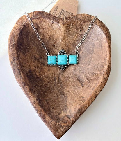 Western Style Square Stone Bar Pendant Chain Necklace