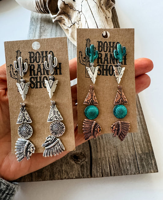 5 Pair Indian Theme Stud Earring Set - Cactus arrow