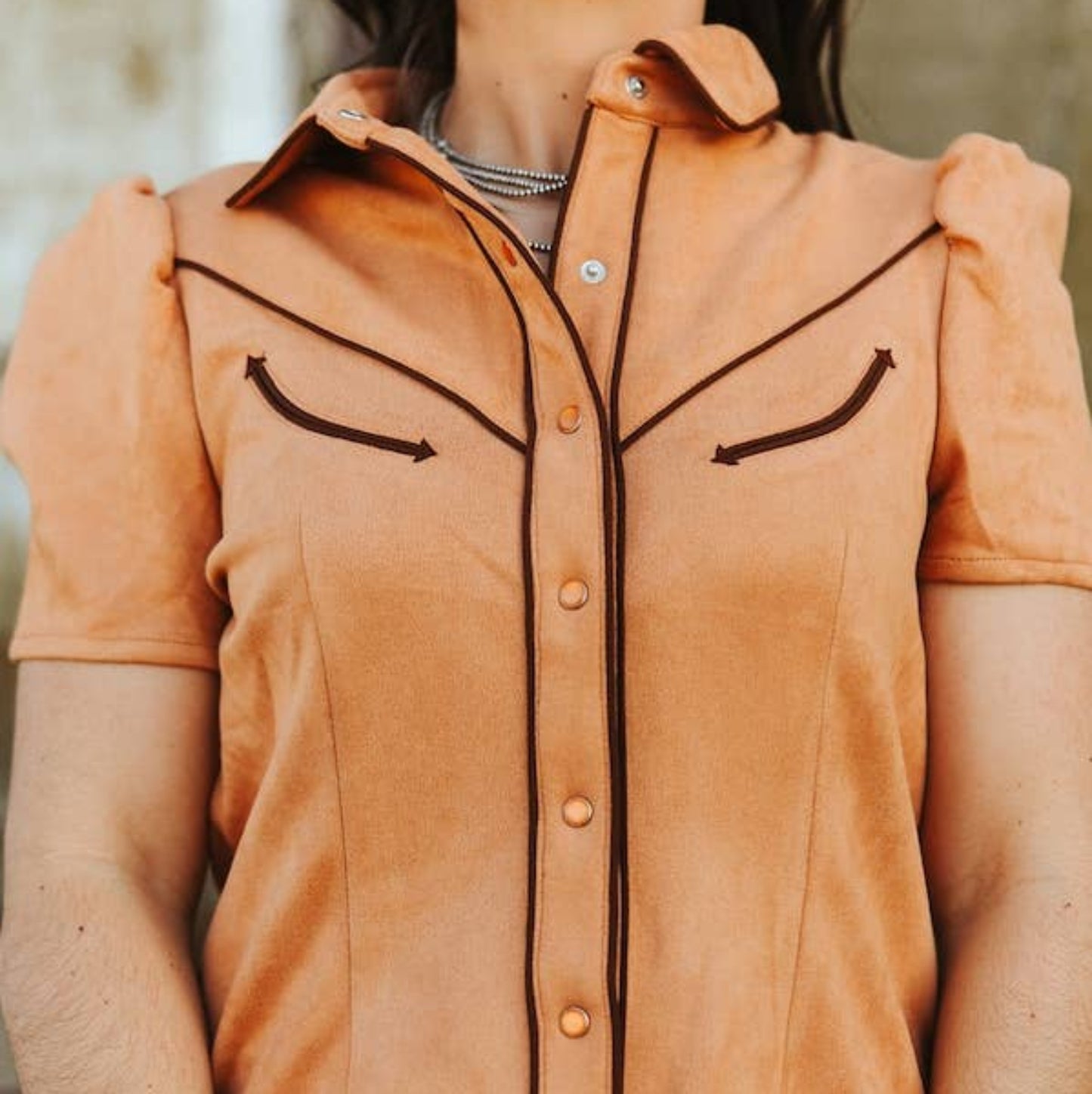 Camel Suede Contrast Arrow Pearl Snap Puff Sleeve Top