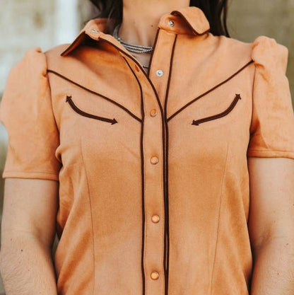 Camel Suede Contrast Arrow Pearl Snap Puff Sleeve Top