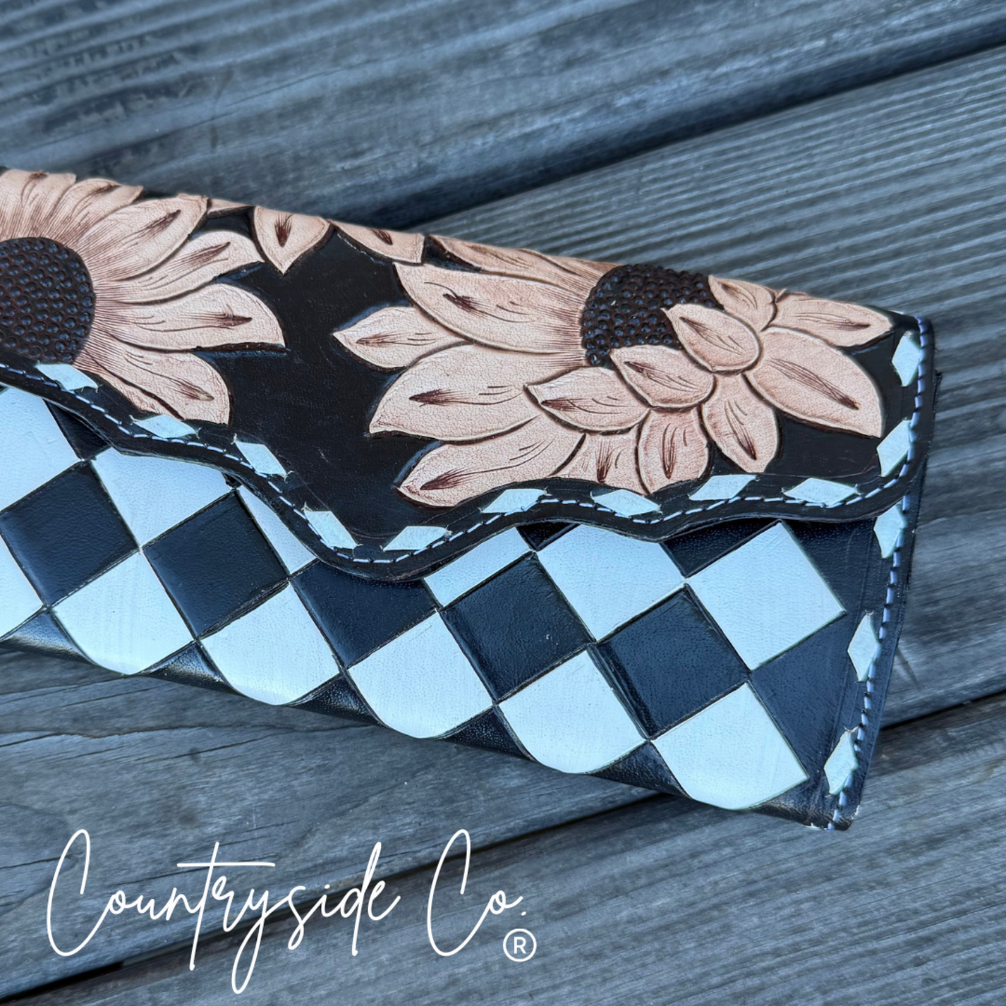 Sunflower Checkered Leather Wallet Wristlet