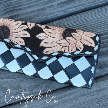 Sunflower Checkered Leather Wallet Wristlet
