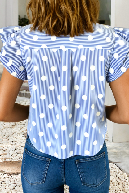 Polka Dot Striped V Neck Ruffle Sleeve Shift Shirts