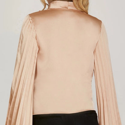 Pleated Bell Sleeve Surplice Satin Blouse