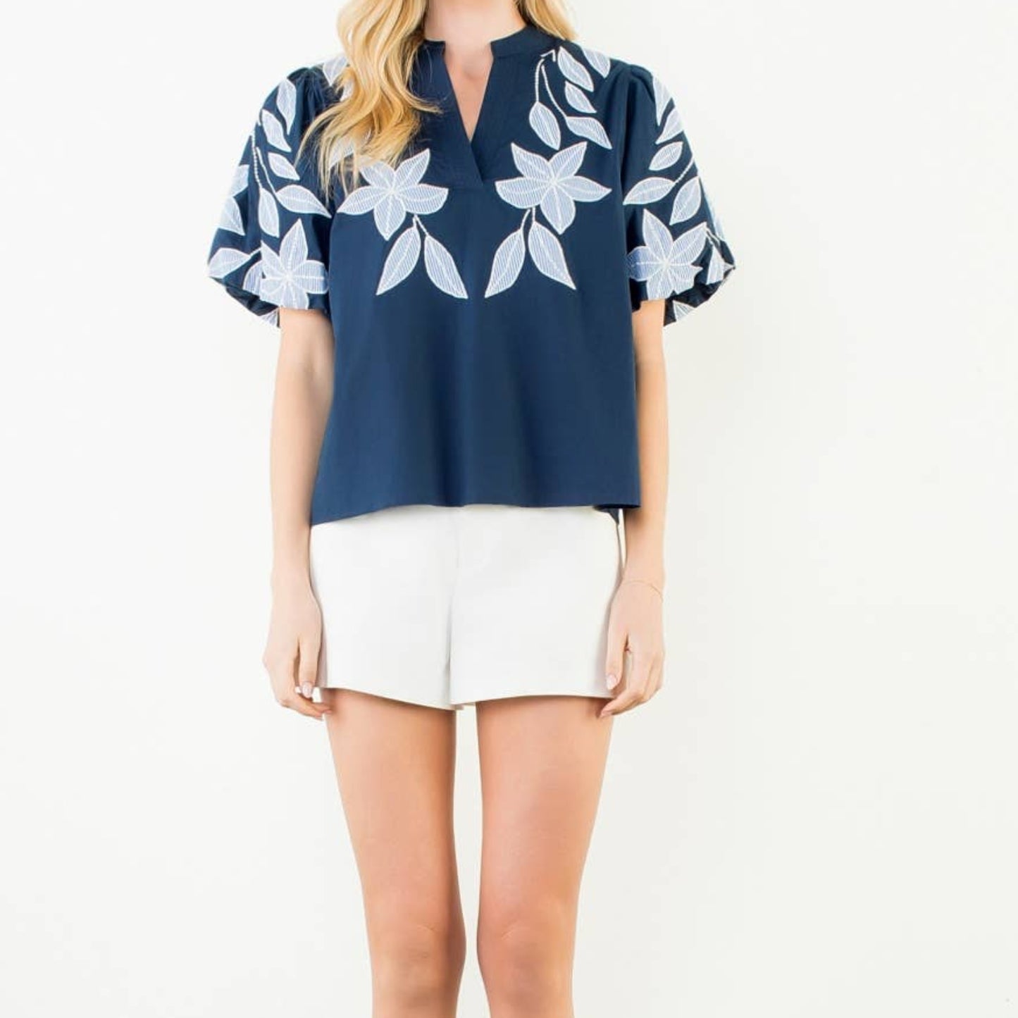 Puff Sleeve Floral Embroidery V-Neck Top
