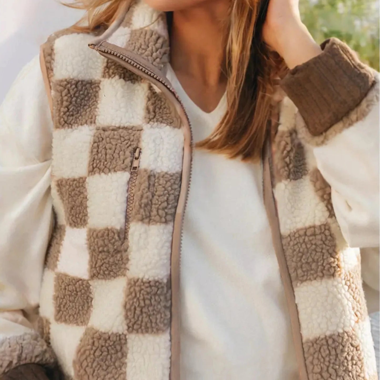 Checked Snap Button Sherpa Jacke