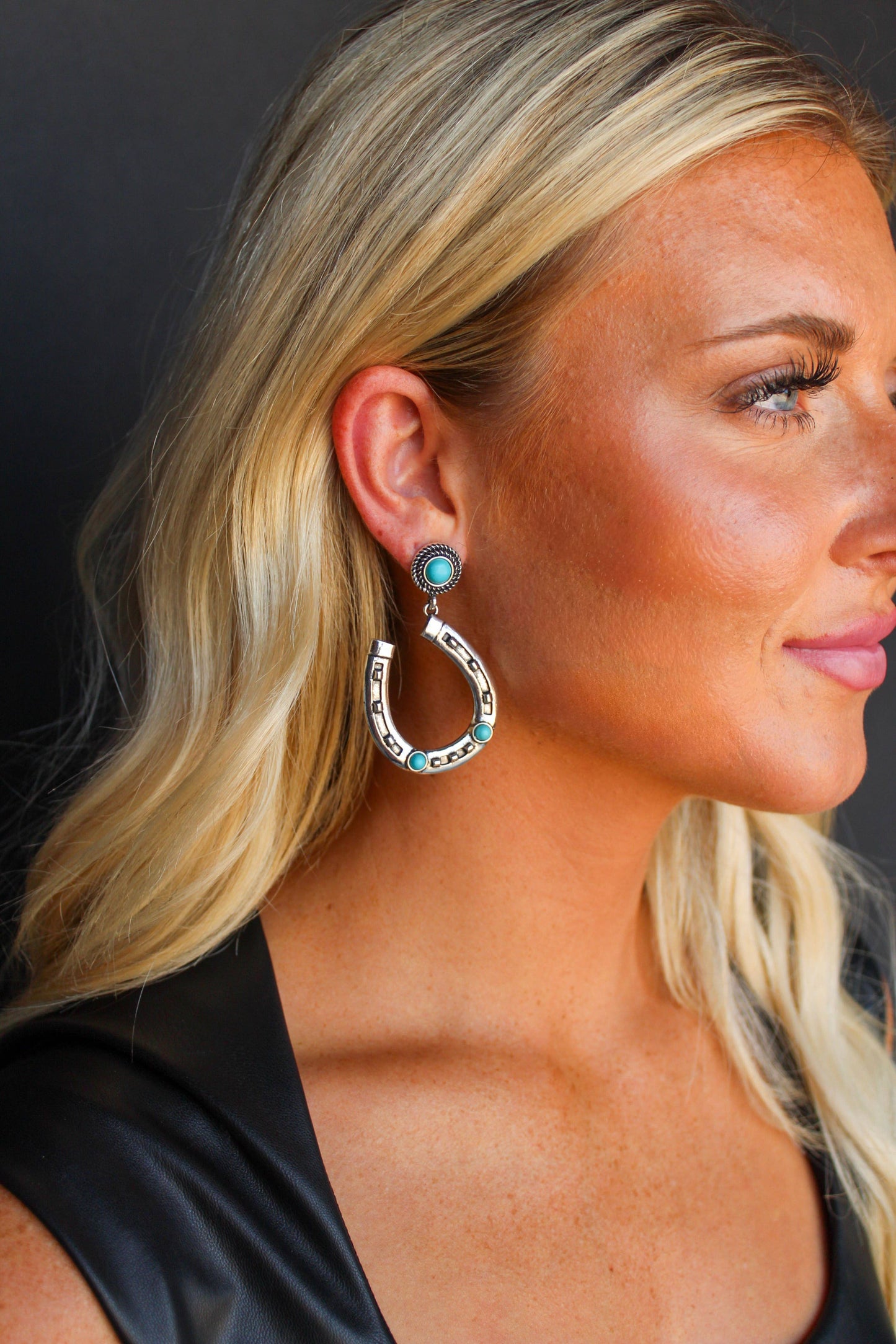 2.5" Burnished Silver and Turquoise Horseshoe Earring