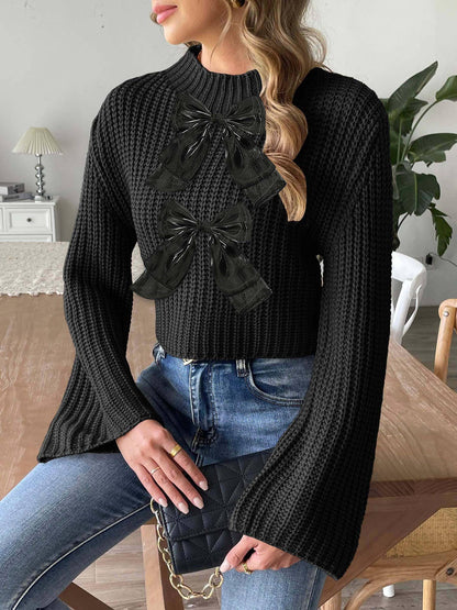 Bow embellished flared sleeve short sweater