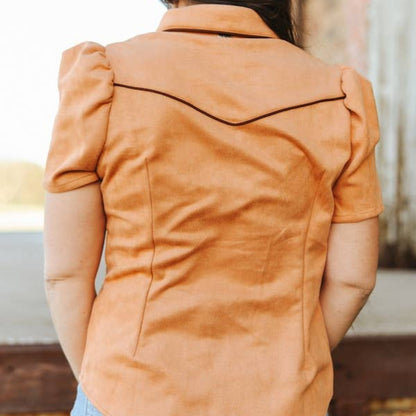 Camel Suede Contrast Arrow Pearl Snap Puff Sleeve Top
