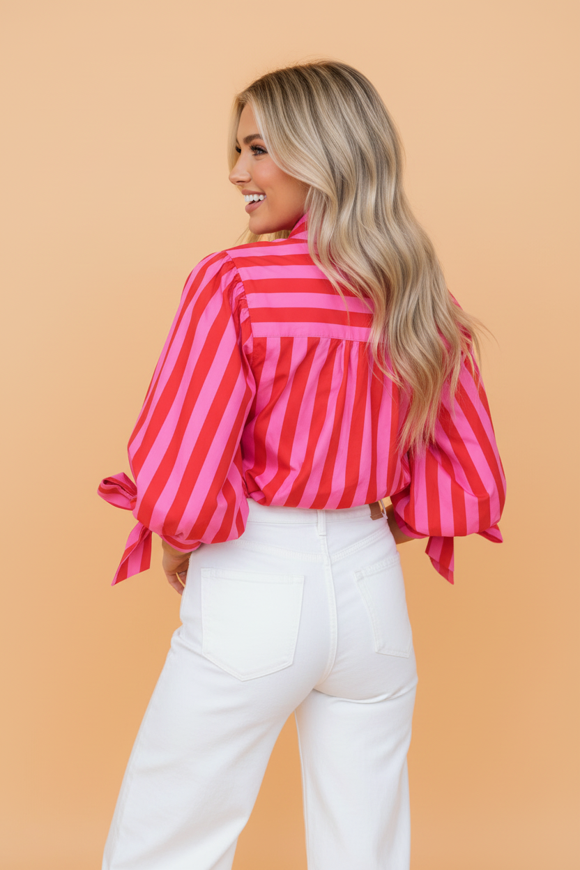PRETTY BASH Stripe Tie Puff Sleeve Button Down Shirt