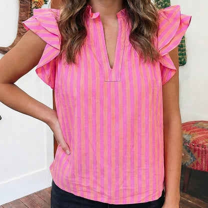 Stripe Split Neck Ruffled Summer Blouse