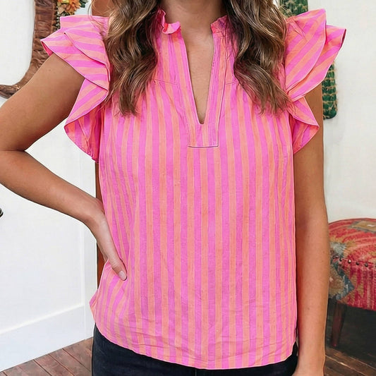 Stripe Split Neck Ruffled Summer Blouse