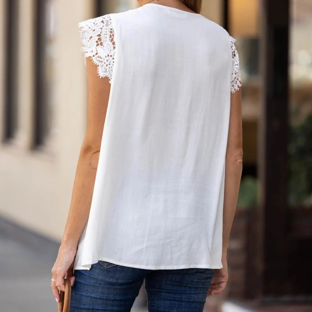 White V-Neck Lace Sleeve Top