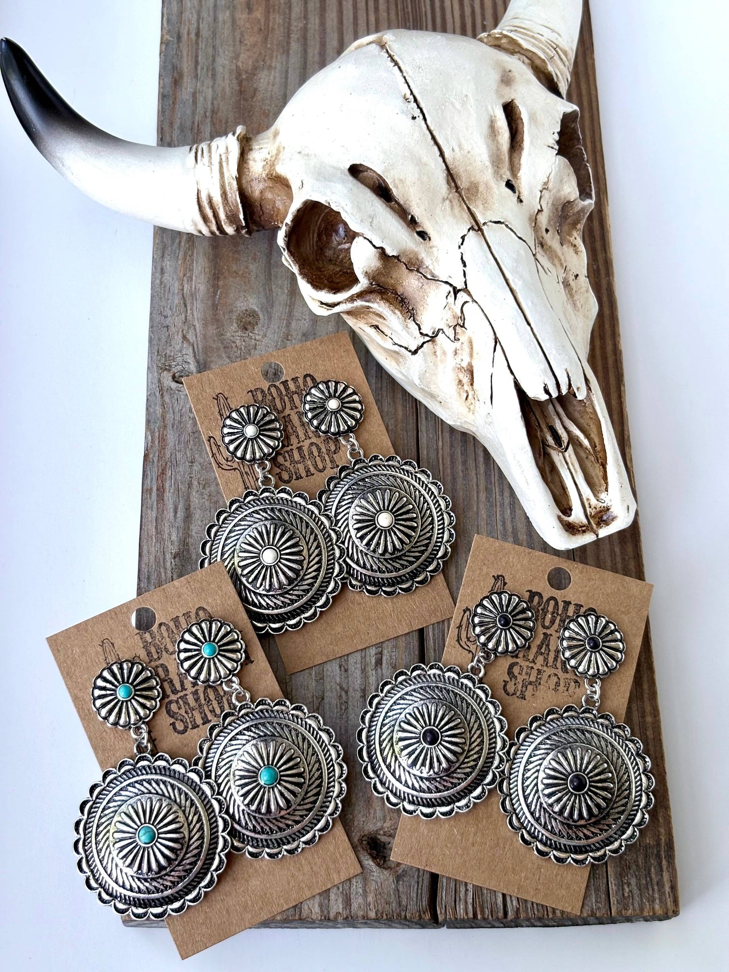 Western Round Concho w/ Stone Statement Post Drop Earrings