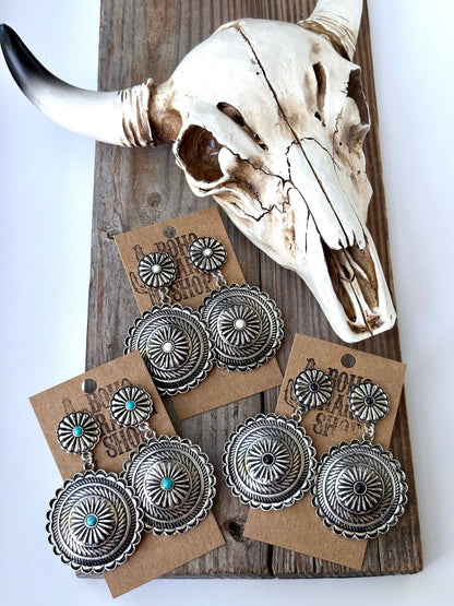 Western Round Concho w/ Stone Statement Post Drop Earrings