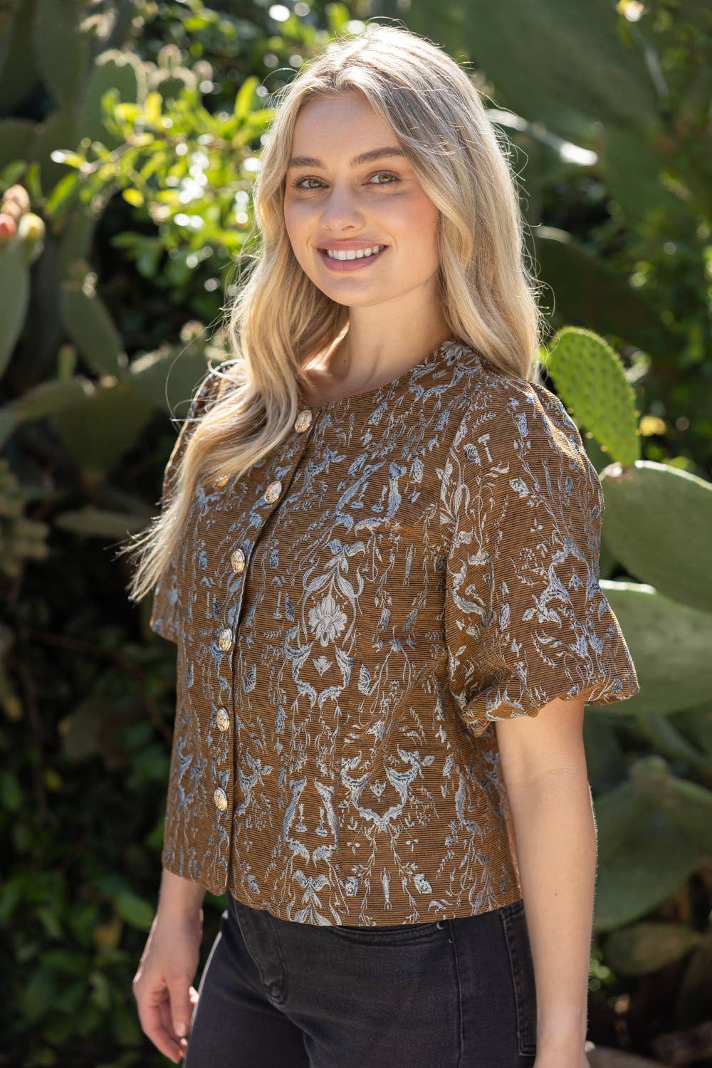 36908 Gold Button Down Floral Jacquard Top
