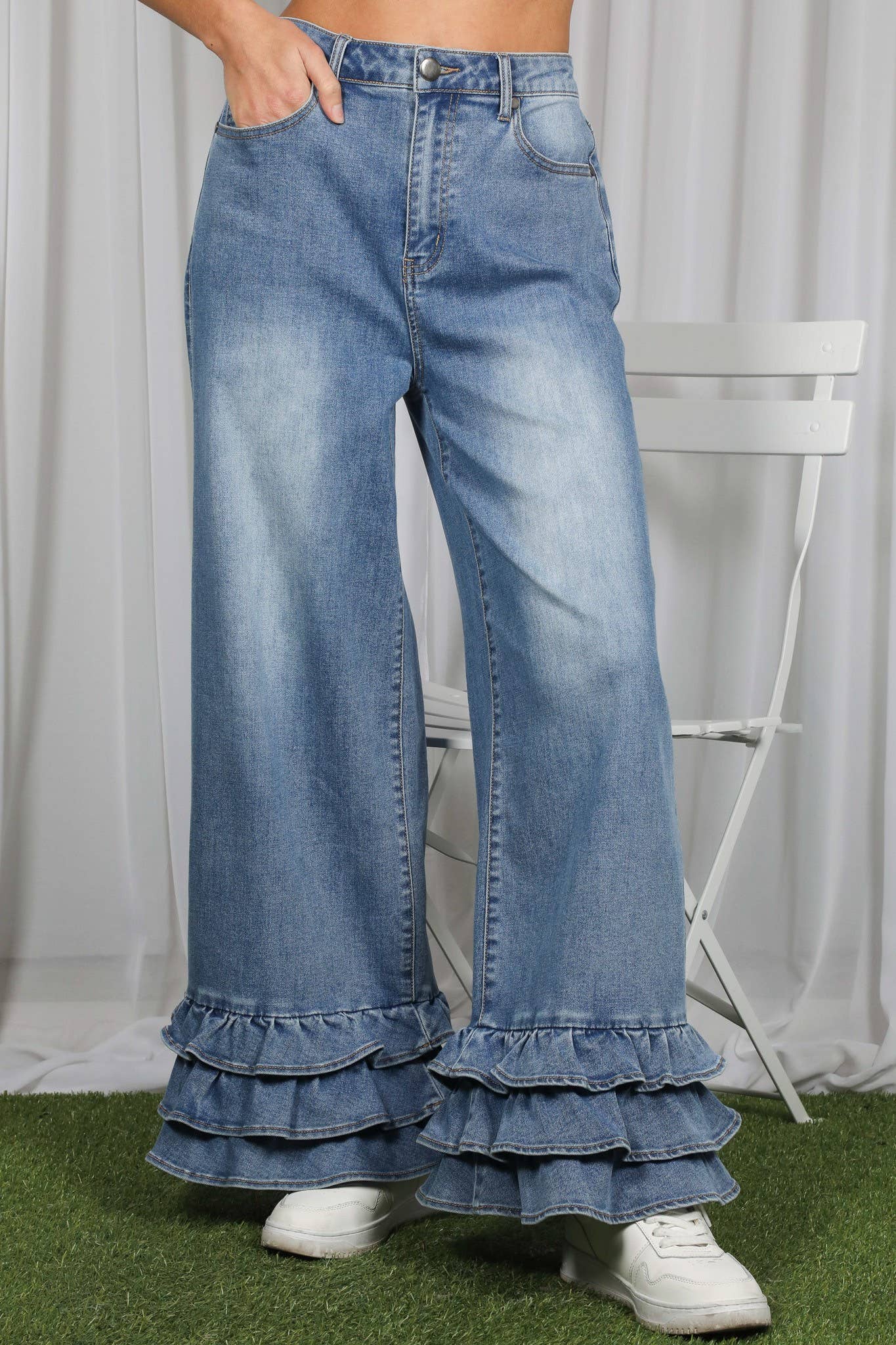 Flared Ruffle Hem Cropped Pants Denim Jeans