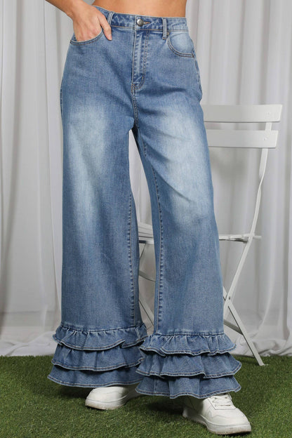 Flared Ruffle Hem Cropped Pants Denim Jeans