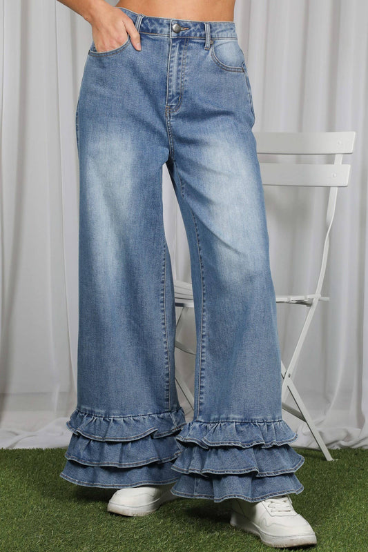 Flared Ruffle Hem Cropped Pants Denim Jeans