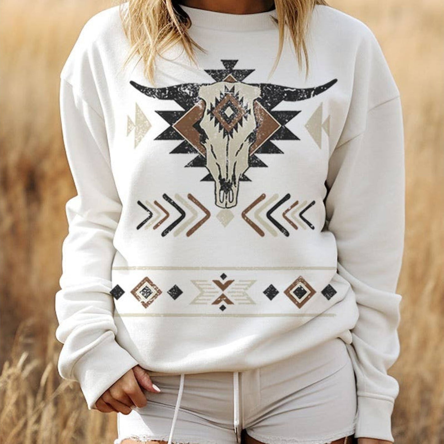 COW SKULL AZTEC MINERAL GRAPHIC SWEATWHIRTS