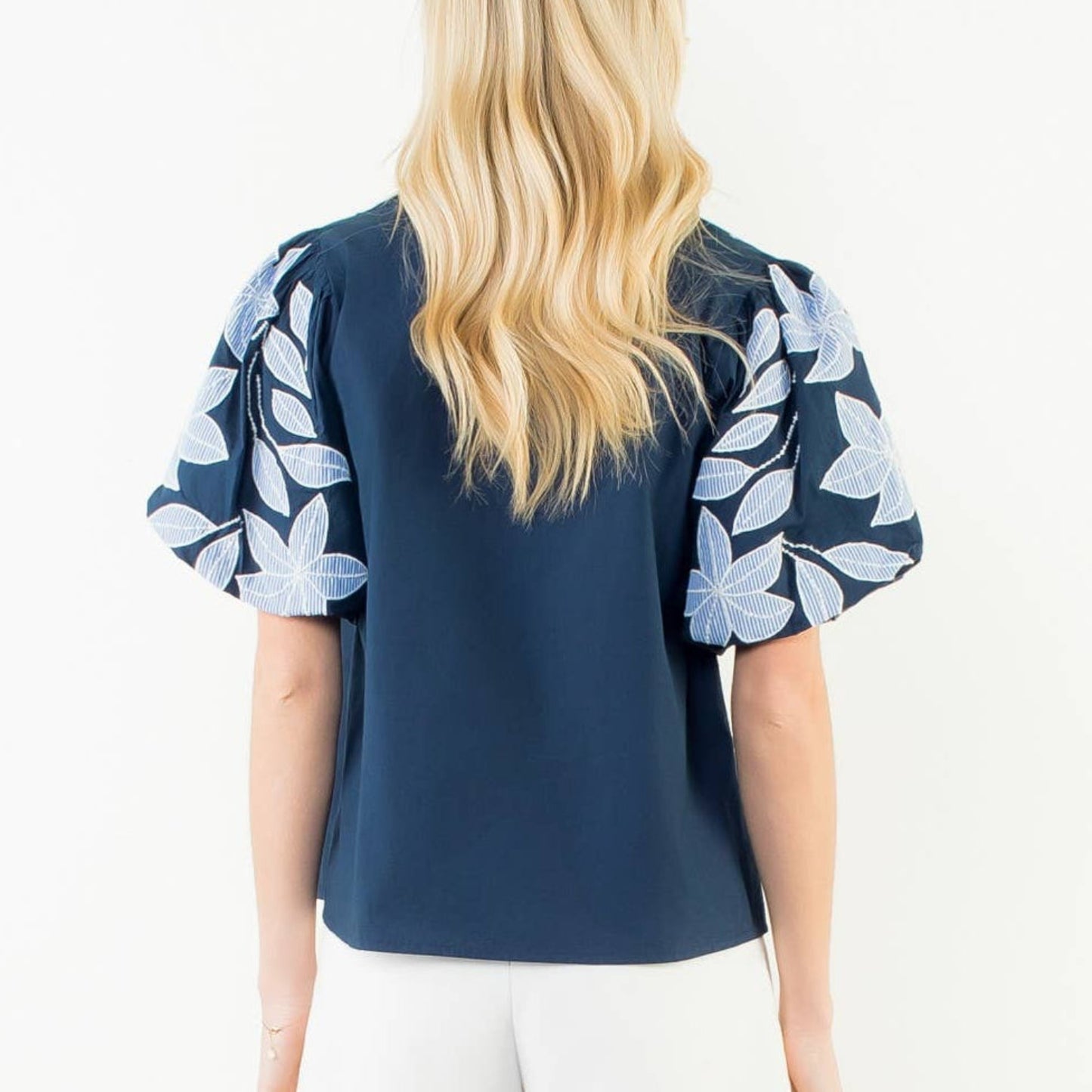 Puff Sleeve Floral Embroidery V-Neck Top