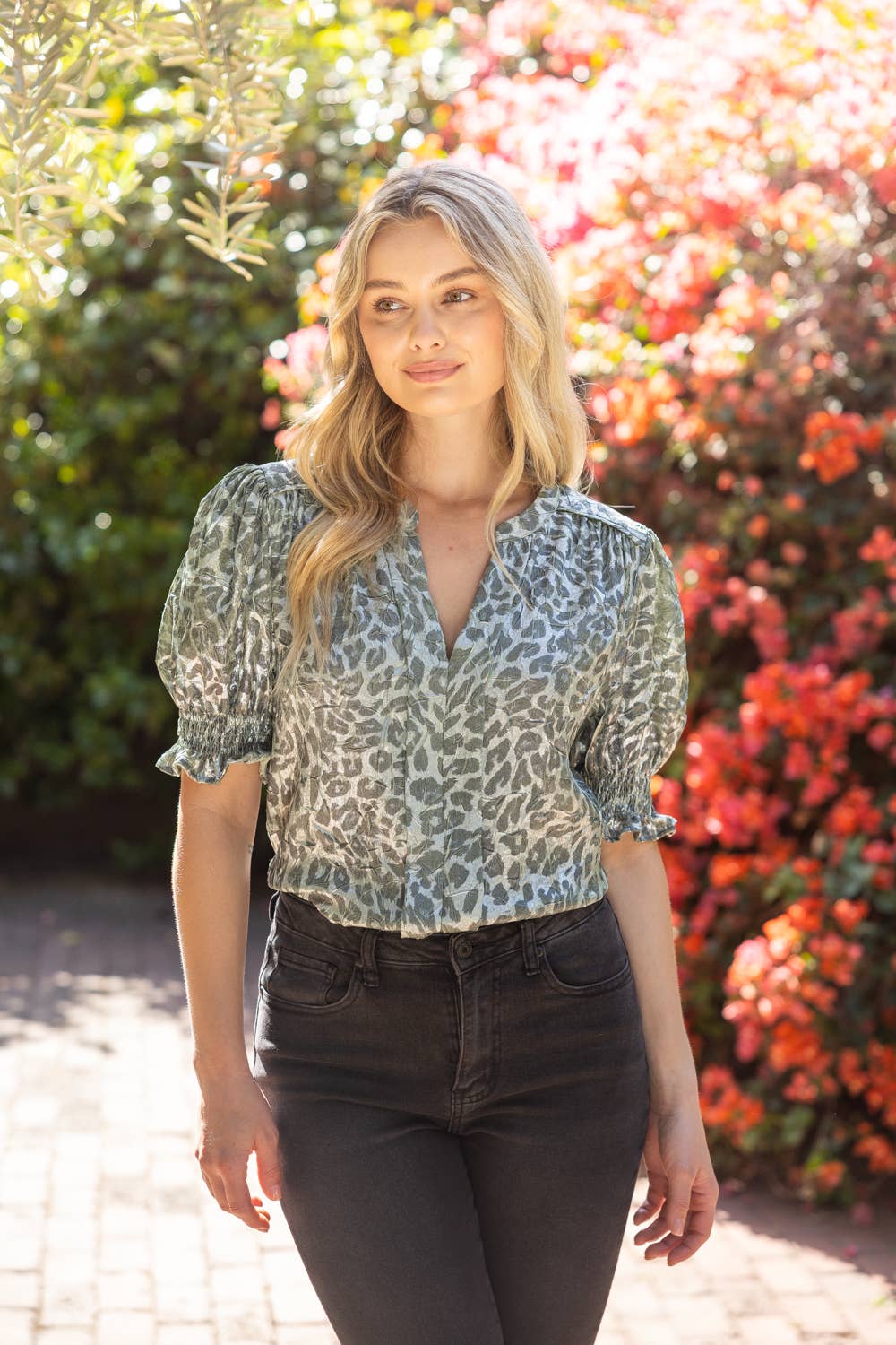 36808 Smocked Short Sleeve V-Neck Animal Print Top