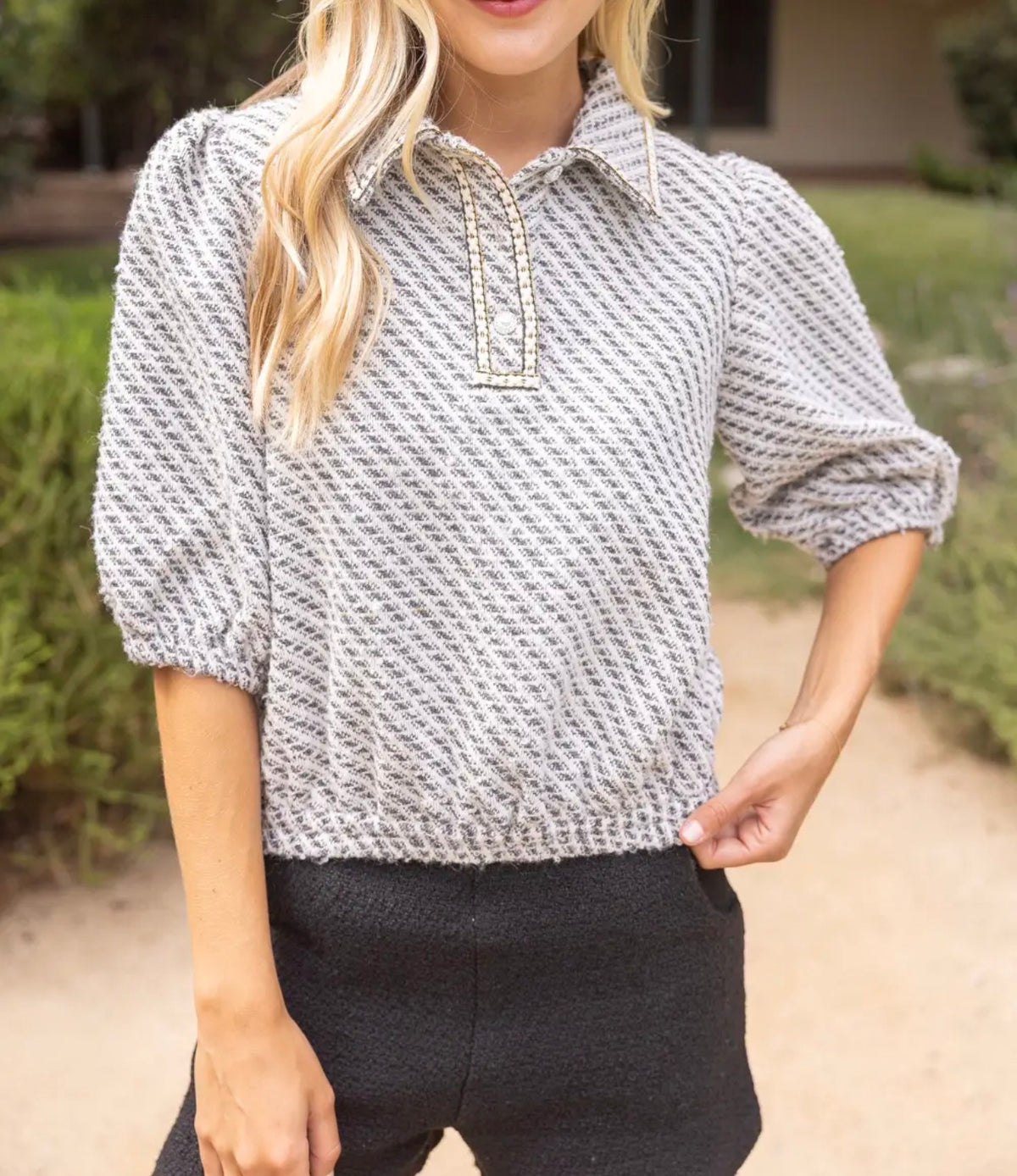 Pearl Quarter Button collared Tweed Top 36950