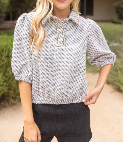 Pearl Quarter Button collared Tweed Top 36950