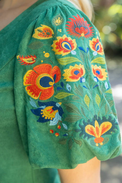 Deep Round Neck Floral Embroidered Suede Top