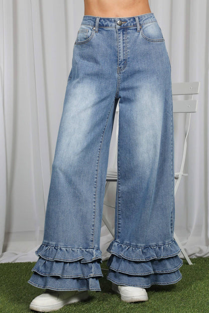 Flared Ruffle Hem Cropped Pants Denim Jeans