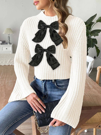 Bow embellished flared sleeve short sweater