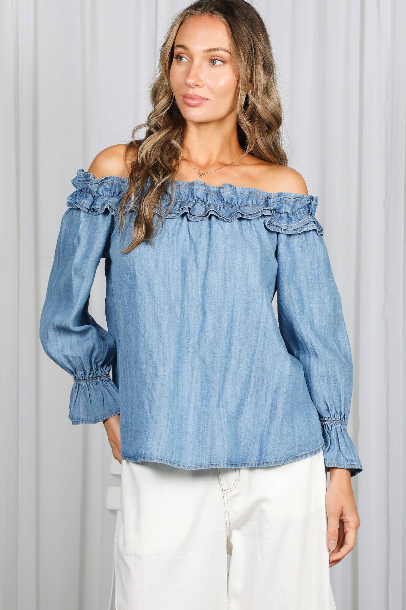 Casual Off The Shoulder Chambray Denim Blouse VT83373