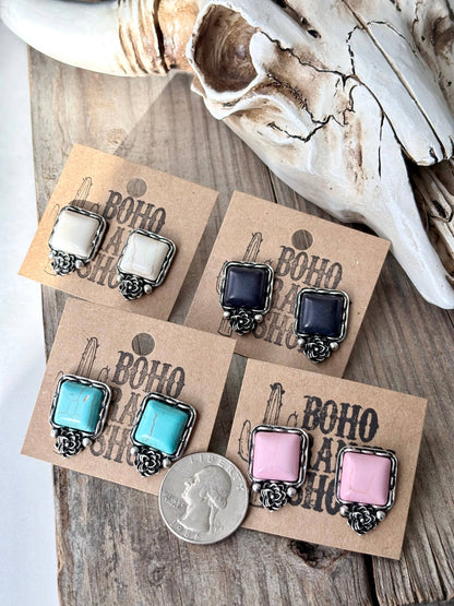 Western Style Square Stone & Flower Stud Earrings