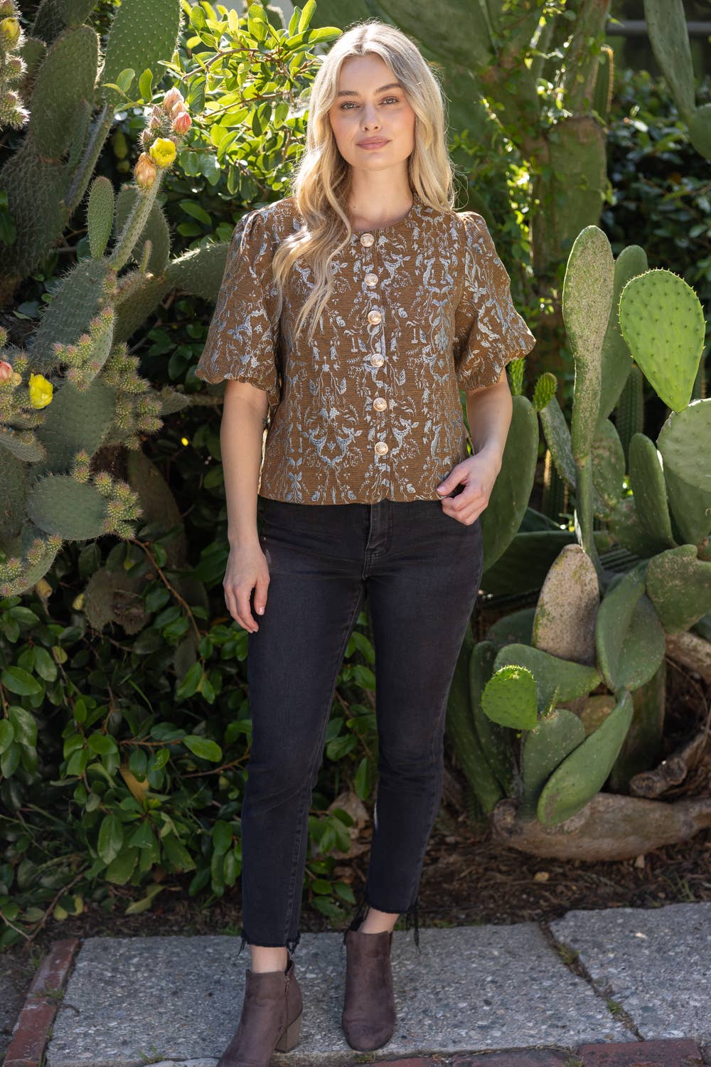 36908 Gold Button Down Floral Jacquard Top