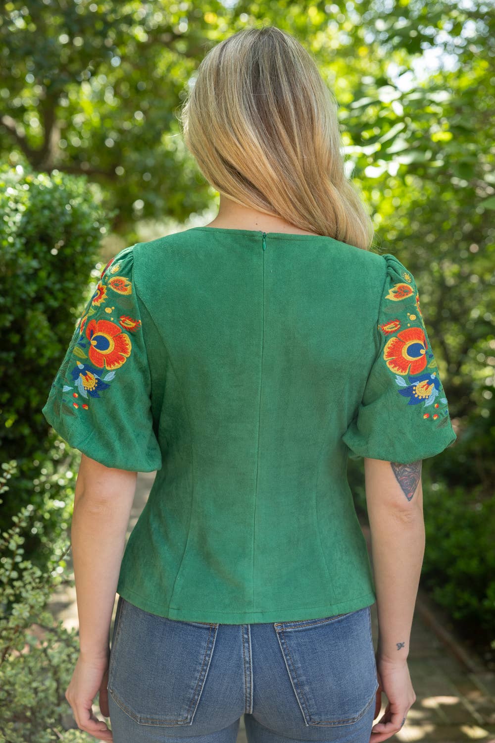 Deep Round Neck Floral Embroidered Suede Top