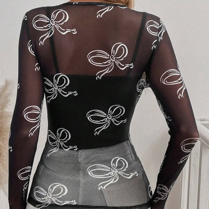Bow Long Sleeve Mesh Top