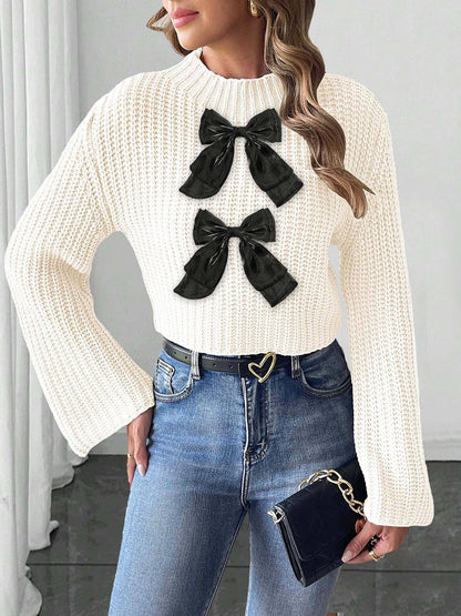 Bow embellished flared sleeve short sweater