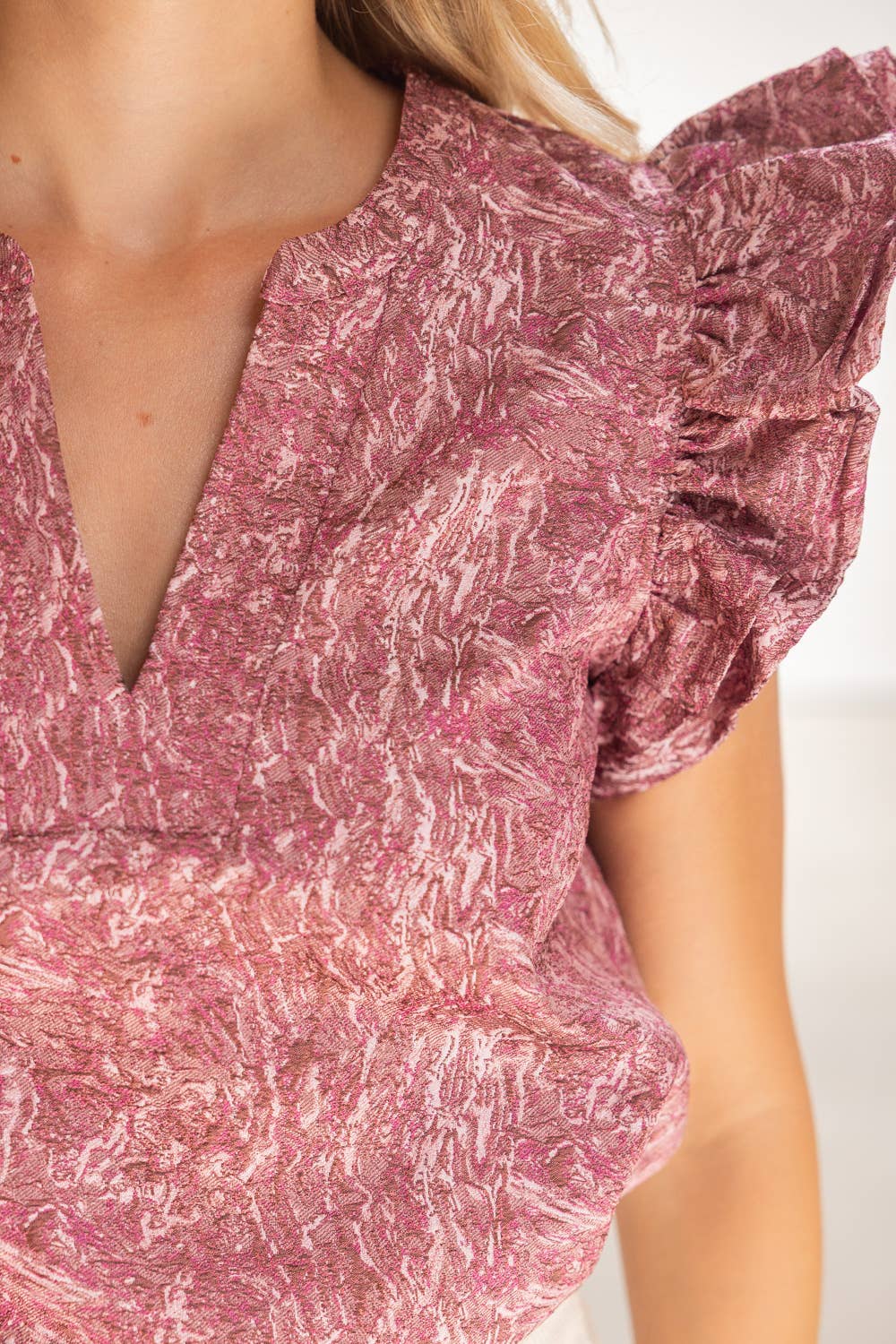 Ruffled Cap Sleeve Jacquard Top