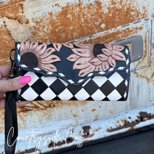 Sunflower Checkered Leather Wallet Wristlet