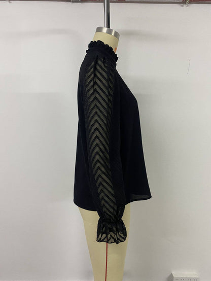 Puffed-sleeve semi-high-neck solid-color shirt