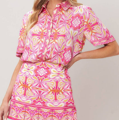 A Mixed Print Collared Blouse