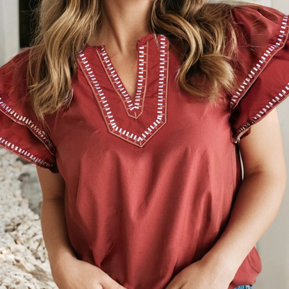 Contrast Trim Flutter Sleeve V Neck Blouse