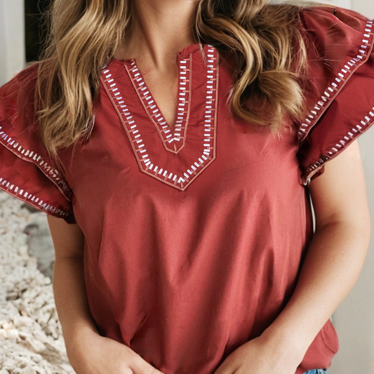 Contrast Trim Flutter Sleeve V Neck Blouse