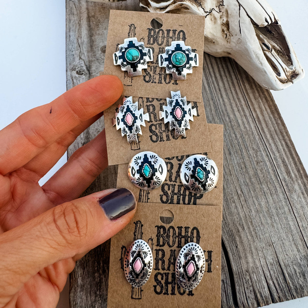 Western Hand Stone Aztec Post Earrings - turquoise pink