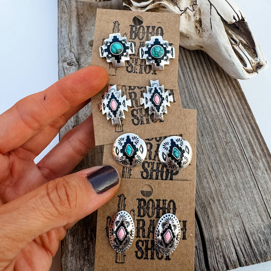 Western Hand Stone Aztec Post Earrings - turquoise pink